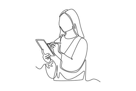 Single One Line Drawing Woman Writing Notes On Tablet Continuous Line