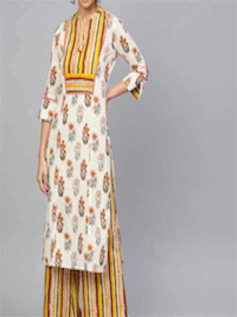 Buy Jaipur Kurti Women Off White And Mustard Yellow Printed Kurta With Palazzos Kurta Sets For