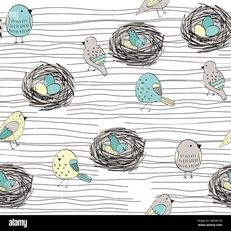 Vector Seamless Pattern With Hand Drawn Birds And Nests Stock Vector