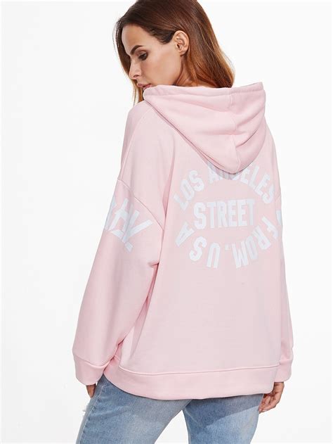 Pink Letter Print Drop Shoulder Drawstring Hooded Sweatshirtfor Women Romwe