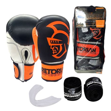 Kit Boxe Muay Thai Pretorian Performance Luva Laranja E Preta