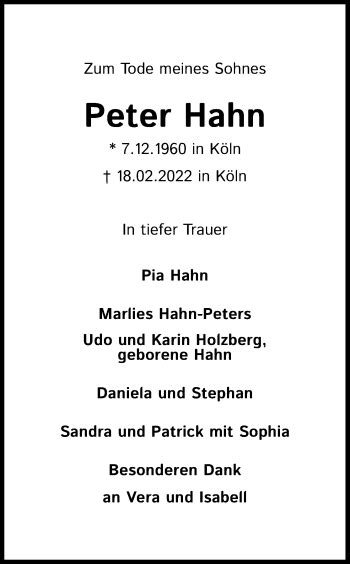 Traueranzeigen Von Peter Hahn Wirtrauern