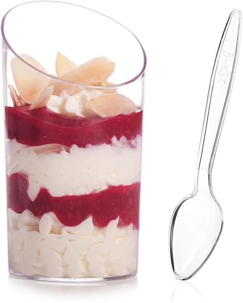 Qeirudu 50 Pack Mini Slanted Dessert Cups With Spoons 2 2 Oz Plastic Parfait Cups