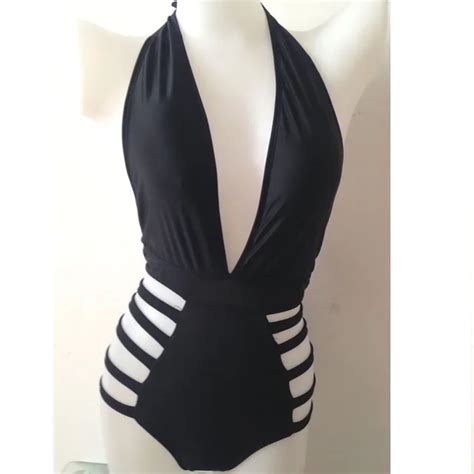 Deep V Neck One Piece Swimsuit Womens Bathing Suit 2015 Hot Sale Black