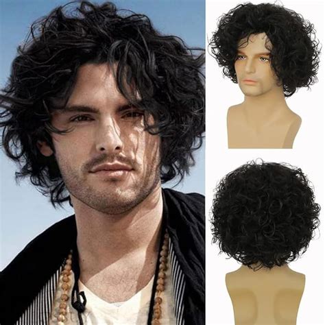 Swiking Mens Short Brown Curly Wig Fluffy With Bang Layered Halloween