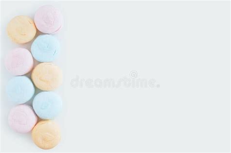 Pastel Color Marshmallows Close Up On White Background Place For Text