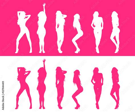 Icono Plano Silueta Chica Desnuda De Pie Rosa Y Blanco Stock Vector