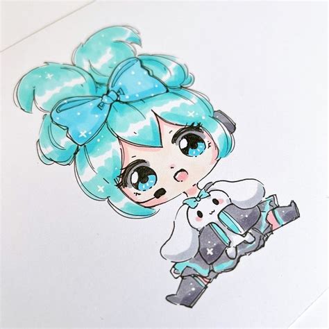 a drawing of a girl with blue hair and big eyes holding a teddy bear in ...