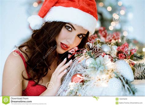 Beautiful Brunette Santa Clause In Elegant Hat And Bra Stock Image Image Of Christmas Female