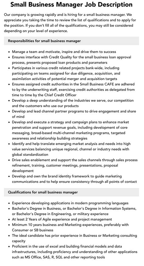 Small Business Manager Job Description Velvet Jobs