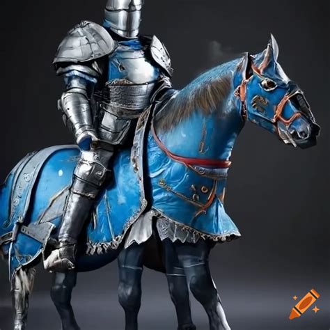 Hyper Realistic Blue Armored Knight On Horseback Holding A Long Red