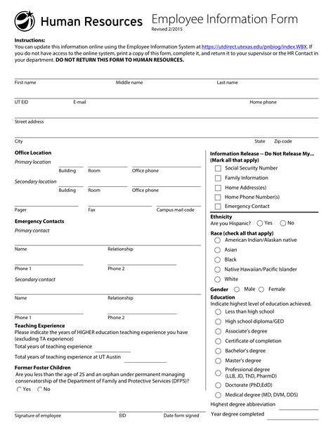 Simple Printable Employee Information Form