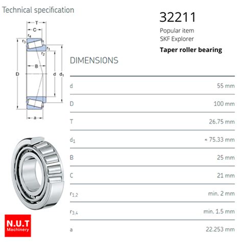 SKF 32211 J2 Q ตลบลกปนเตเปอร Taper Roller Bearing NUT Machinery