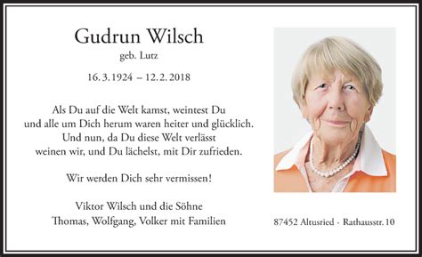 Traueranzeigen Von Gudrun Wilsch Allg Uer Zeitung