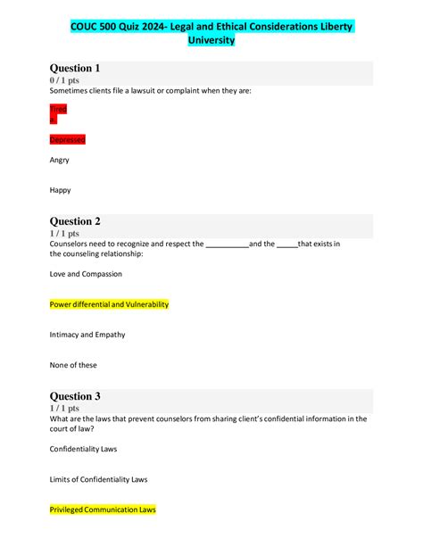 COUC 500 Quiz 2024 Legal And Ethical Considerations Liberty University