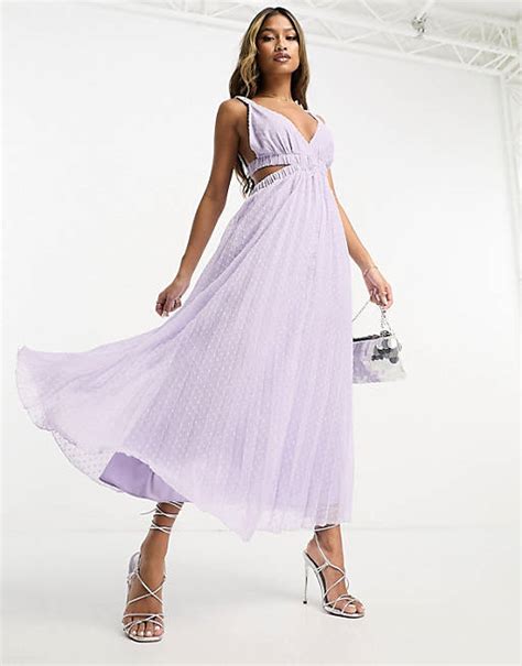 Asos Design Pleat Plunge Neck Midi Dress With Elasticated Straps And Back In Lilac Asos