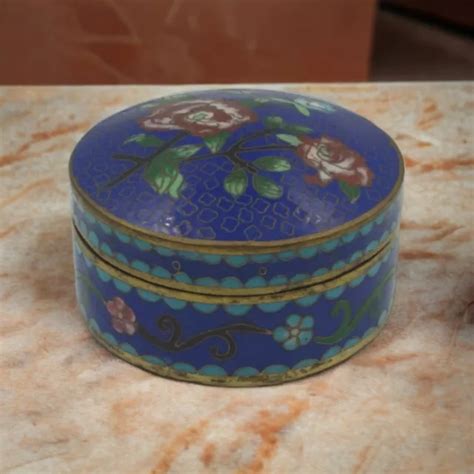 BOITE RONDE Pilulier en émail Cloisonné Ancienne 7 5 cm Bleue EUR 29 00