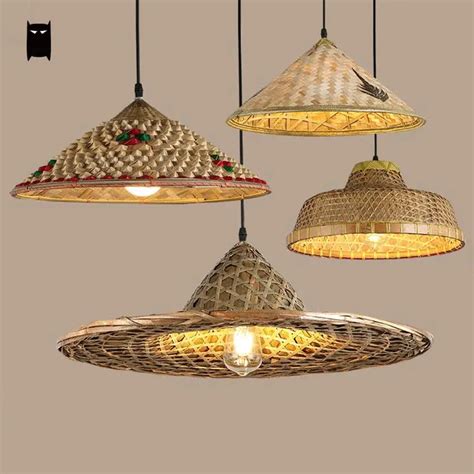 Bamboo Wicker Rattan Hat Pendant Light Fixture Rustic Asian Japanese