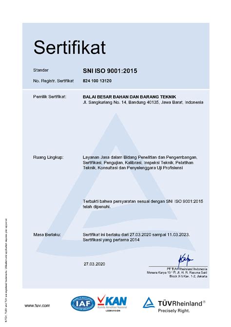 B4t Kembali Meraih Sertifikasi Sistem Manajemen Mutu Iso 9001 2015