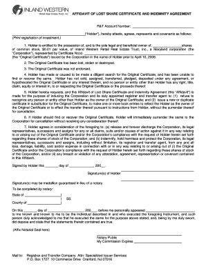 Fillable Online AFFIDAVIT OF LOST SHARE CERTIFICATE AND INDEMNITY