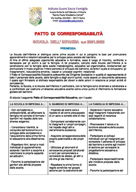 PATTO Di CORRESPONSABILITA INFANZIA CERIOLI 2021 2022 Scuola Cerioli