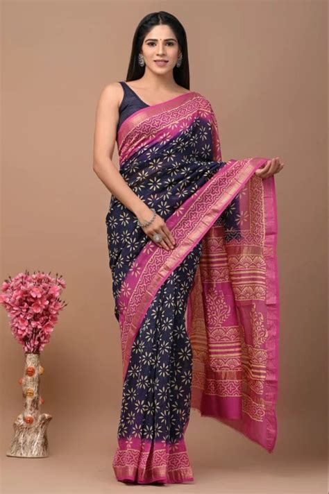 Blue And Pink Silk Cotton Maheshwari Saree 5 5 M Separate Blouse