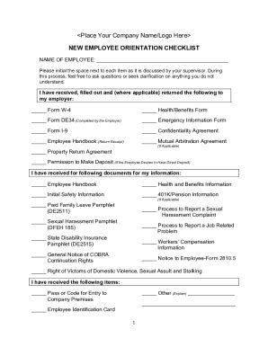 Fillable Online New Employee Orientation Checklist Fax Email Print