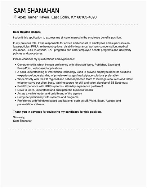 Employee Benefits Cover Letter | Velvet Jobs