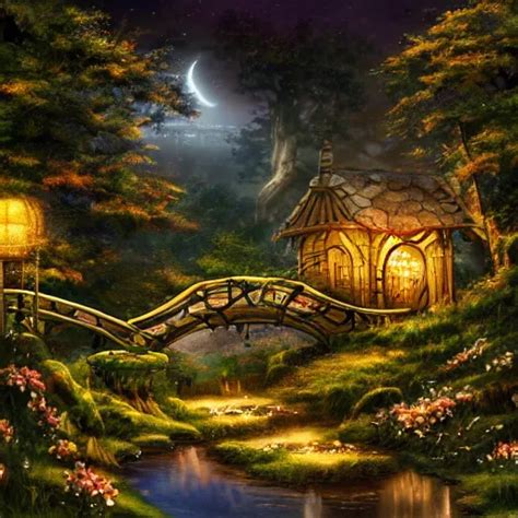 Painting High Detail Woodland Village Night Stable Diffusion