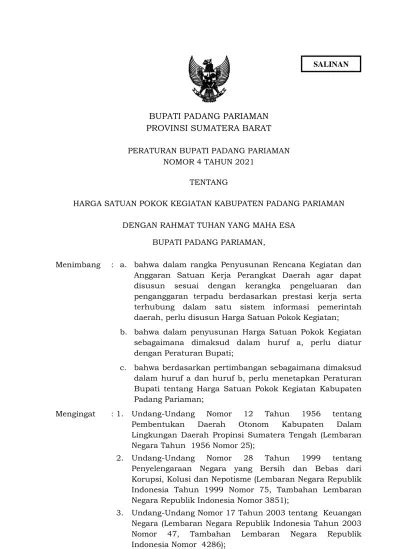 BUPATI PADANG PARIAMAN PROVINSI SUMATERA BARAT