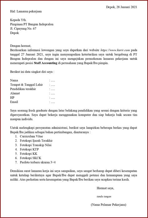 Contoh Surat Lamaran Kerja Accounting Staff Akuntansi Yang Baik Dan Riset