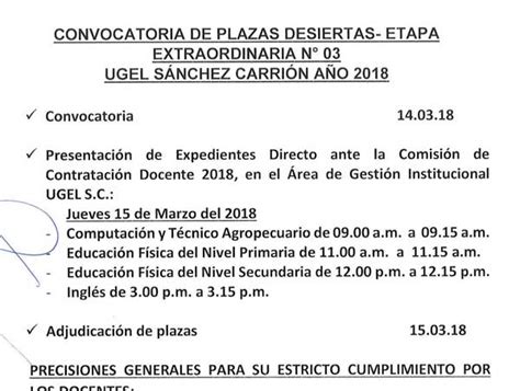 Convocatoria De Plazas Desiertas Etapa Extraordinaria N Ugel Sc