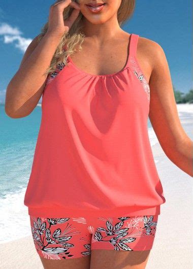 Plus Size Leaf Print Coral Red Blouson Tankini Set Usd