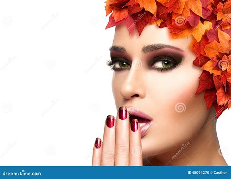 Autumn Makeup And Nail Art Trend Beauty Fashion Girl Stock Photo