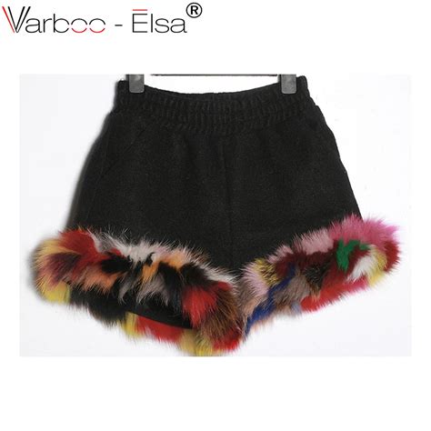 Varbooelsa 2017 Autumn Winter Colorful Fox Fur Patchwork Woolen Shorts