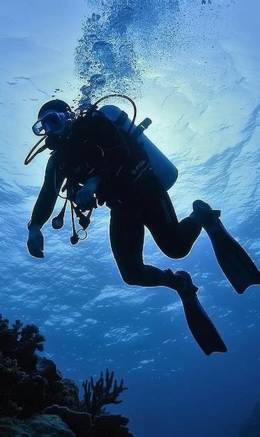 Premium Photo A Scuba Diver Swims Underwater Against The Backdrop Of