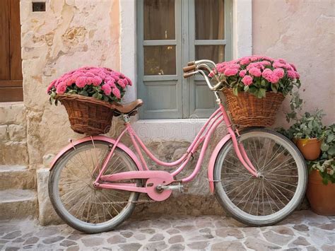 Pink Bicycle With Flower Basket In A Mediterranean Setting Generated