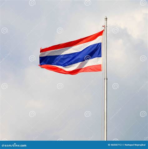 Image Of Waving Thai Flag Of Thailand With Blue Sky Background Stock