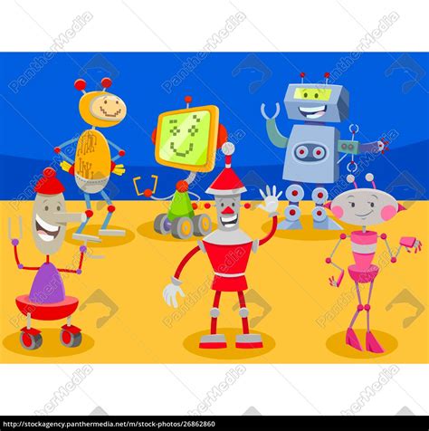 Lustige Roboter Cartoon Figuren Gruppe Lizenzfreies Bild