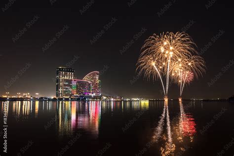 Celebration of UAE National Day with fireworks over the Festival City ...