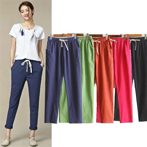 Womens Autumn Summer Harem Pants Cotton Linen Solid Elastic Waist Candy