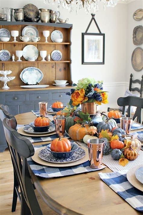 Copper And Navy Fall Farmhouse Tablescape Blue Fall Decor Farmhouse Tablescape Fall