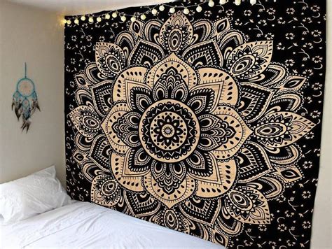 Black Gold Mandela Flower Screen Print Cotton Indian Hand Etsy