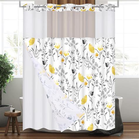 Ikfashoni No Hooks Yellow Floral Shower Curtain With Snap In Liner Waterproof 71 X74