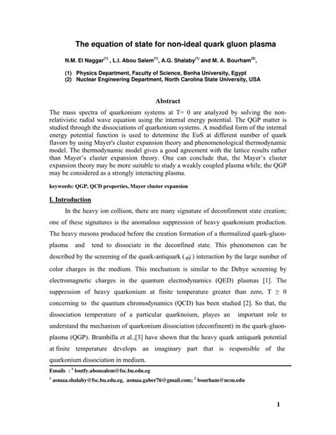 (PDF) The equation of state for non-ideal quark gluon plasma