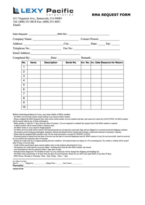 RMA Form Printable