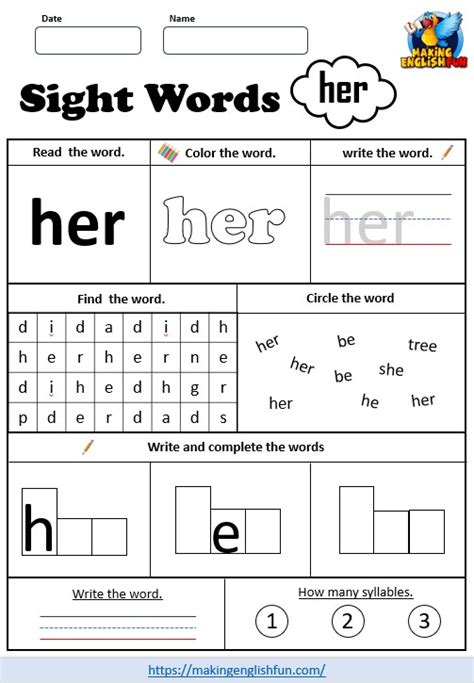 Free Printable Grade 1 Sight Word Worksheet “her”making English Fun