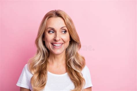 Photo Of Cute Optimistic Blond Lady Look Empty Space Wear White T Shirt