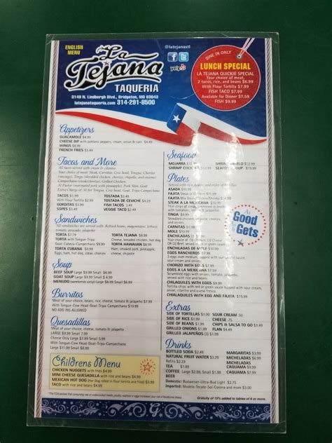 Menu At La Tejana Taqueria Restaurant Bridgeton