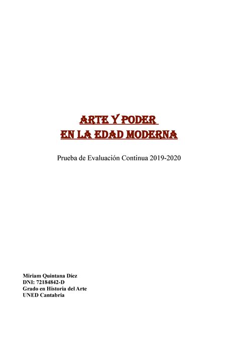 PEC ARTE Y Poder ARTE Y PODER EN LA EDAD MODERNA Prueba de Evaluación